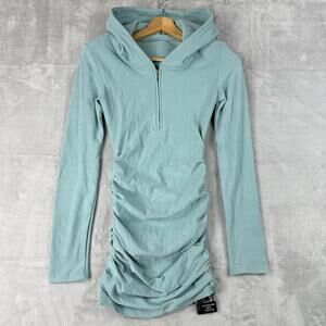 NWT Ruched Hoodie Dress Womens M Mint Bodycon Half Zip Fashion Y2K Streetwear